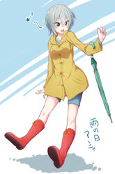  anastasia_(idolmaster) blue_eyes boots commentary_request eighth_note female grey_hair idolmaster idolmaster_cinderella_girls knee_boots musical_note open_mouth raincoat red_footwear ribbon rubber_boots shirokuma_(nankyoku) short_hair solo translated umbrella yellow_raincoat 