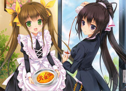  2girls alternate_costume black_hair brown_hair chinese_text coffee cup enmaided food green_eyes hair_between_eyes hair_ribbon high_ponytail highres holding huang_lingyin indoors infinite_stratos long_hair looking_at_viewer maid mitsuki_tsumi multiple_girls oerba_yun_fang omelet omurice open_mouth ponytail purple_eyes ribbon shinonono_houki split_ponytail teacup translated twintails white_ribbon yellow_ribbon 