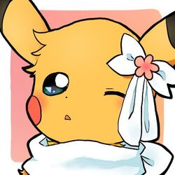  1:1 ambiguous_gender black_ear_tips black_nose bow_(feature) bow_accessory clothing daww decorated_bow dipstick_ears ear_bow ear_markings floral flower flower_accessory flower_bow flower_ear_accessory fur generation_1_pokemon low_res mammal multicolored_ears nintendo norenuko one_eye_closed open_mouth pikachu plant pokemon pokemon_(species) scarf sepia_(norenuko) simple_background solo yellow_body yellow_fur 