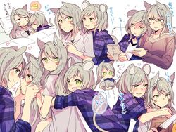  &gt;_&lt; 2girls alternate_hair_color animal_ears bang_dream! blue_shirt blush book braid brown_shirt cat_ears cheese collared_shirt commentary_request controller dreaming eye_contact face-to-face facial_mark food green_eyes grey_hair grey_shirt hands_on_another&#039;s_face head_on_another&#039;s_shoulder heart hikawa_hina hikawa_sayo holding holding_book hug hug_from_behind incest jewelry leaning_on_person long_hair long_sleeves looking_at_another mikan-uji mouse_ears mouse_tail multiple_girls multiple_views pendant pillow plaid plaid_shirt remote_control shirt short_hair short_sleeves siblings side_braids sisters sleeping sleepy sleeves_rolled_up tail twincest twins under_covers whisker_markings yuri 