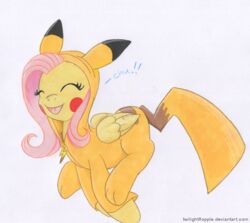  2016 closed_eyes clothing costume crossover dialogue equid equine feathered_wings feathers female feral fluttershy_(mlp) friendship_is_magic furry_wearing_fursuit fursuit generation_1_pokemon happy hasbro mammal my_little_pony mythological_creature mythological_equine mythology nintendo pegasus pikachu pikachu_onesie pokemon pokemon_(species) pokemon_costume simple_background smile solo twilightflopple white_background wings 