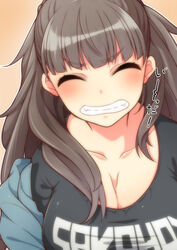  breasts brown_hair cleavage clenched_teeth closed_eyes commentary_request female idolmaster idolmaster_cinderella_girls jacket kamiya_nao large_breasts long_hair off_shoulder shirokuma_(nankyoku) smile solo teeth thick_eyebrows 