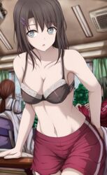  3girls :o bad_id bad_twitter_id bang_dream! bare_arms bare_shoulders black_bra blue_eyes blurry blurry_foreground book bra breasts brown_hair ceiling_light cleavage collarbone commentary_request covered_nipples cowboy_shot curtains day depth_of_field green_hair gym_shorts hair_ornament hairclip highres indoors long_hair looking_at_viewer medium_breasts multiple_girls narafume navel okusawa_misaki parted_lips ponytail red_shorts school_uniform shorts standing stomach underwear window 