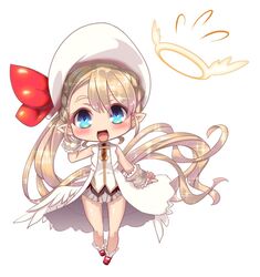  angel angel_wings blonde_hair blue_eyes blush braid chibi commentary_request feathered_wings female french_braid full_body halo liliana_hart long_hair open_mouth pointy_ears ponytail pop-up_story raranokusu simple_background skirt smile solo st._feles_gakuen_uniform white_background wings 