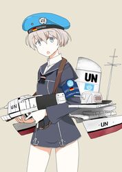  anchor bad_id bad_twitter_id blue_background blue_eyes blue_hat character_name clothes_writing cowboy_shot dress female german_flag grey_background grey_hair hat highres kantai_collection kozou_(rifa) looking_at_viewer machinery open_mouth sailor_dress sailor_hat short_hair simple_background solo united_nations united_nations_flag z1_leberecht_maass_(kancolle) 