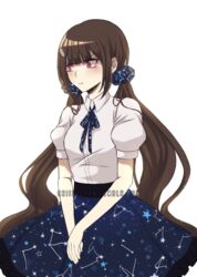  alternate_costume aquarius_(symbol) aries_(symbol) blue_skirt blunt_bangs brown_hair cancer_(symbol) commentary_request constellation constellation_print criis-chan danganronpa_(series) danganronpa_v3:_killing_harmony dress_shirt female frilled_skirt frills gemini_(symbol) hair_ornament harukawa_maki leo_(symbol) libra_(symbol) long_hair looking_away pisces_(symbol) print_skirt red_eyes sagittarius_(symbol) scorpio_(symbol) shirt short_sleeves simple_background skirt solo star_(symbol) star_print taurus_(symbol) twintails very_long_hair virgo_(symbol) watermark web_address white_background white_shirt zodiac 