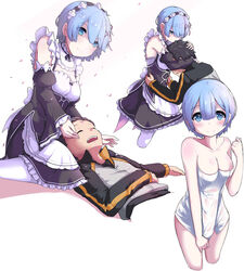  1boy apron arm_garter between_breasts black_bow black_hair black_ribbon blue_eyes blue_hair blush bow breasts cleavage closed_eyes closed_mouth collarbone comforting commentary covering_crotch covering_privates cropped_legs crying detached_sleeves dress erojune eyebrows eyelashes eyes_visible_through_hair female frills hair_between_eyes hair_ornament hair_over_one_eye hairband hairclip hand_on_own_stomach hands_on_another&#039;s_head head_between_breasts highres hug jacket lap_pillow looking_at_another looking_at_viewer lying maid medium_breasts naked_towel natsuki_subaru neck_ribbon on_back open_mouth outstretched_arm pantyhose petals re:zero_kara_hajimeru_isekai_seikatsu rem_(re:zero) ribbon roswaal_mansion_maid_uniform short_hair sitting sleeping smile straight tears towel track_jacket underbust waist_apron wariza white_apron white_bow white_legwear wide_sleeves x_hair_ornament 