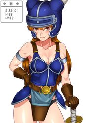  armor bare_shoulders belt blush breasts brown_gloves cleavage cowboy_shot daisy_(dq) dragon_quest dragon_quest_yuusha_abel_densetsu female gloves helmet highres large_breasts legs long_hair looking_at_viewer orange_hair red_eyes sakuradou simple_background smile solo standing sword thighs thong white_background 