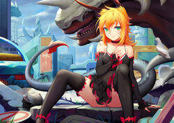  absurdres bare_shoulders blonde_hair bridal_gauntlets chemise chinese_commentary choker city collarbone commentary_request dragon dragon_girl dragon_horns dragon_tail elbow_gloves female frills gloves green_eyes highres horns looking_at_viewer nail_polish original ruins sitting smile solo sonikey0_0 spaghetti_strap tail thighhighs 