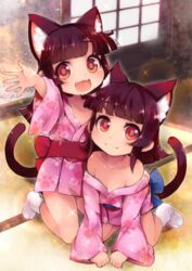  2girls all_fours animal_ears black_hair cat_ears cat_tail commentary_request indoors japanese_clothes kimono kneeling lillithlauda long_hair looking_at_viewer multiple_girls oerba_yun_fang off_shoulder open_mouth original red_eyes siblings smile tail tatami twins 