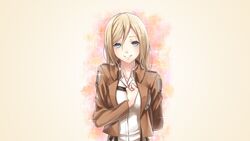  blonde_hair blue_eyes christa_renz female long_hair looking_at_viewer shingeki_no_kyojin smile solo standing 