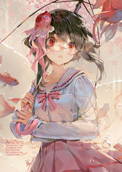  akizero1510 black_hair blush bow buttons cherry_blossoms commentary_request female fish glasses hair_ornament highres holding holding_umbrella kagura_(onmyoji) long_sleeves looking_afar looking_up nail_polish onmyoji open_mouth petals photoshop_(medium) pink_bow pink_skirt pocket rain red_eyes sailor_collar short_hair skirt surreal transparent transparent_umbrella umbrella upper_body water_drop white_sailor_collar 