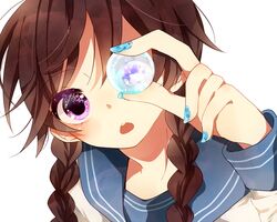  ball braid brown_hair commentary_request female hair_over_shoulder holding long_hair nail_art nail_polish naoton open_mouth original purple_eyes school_uniform serafuku simple_background solo twin_braids white_background 