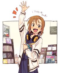  arm_up blush brown_hair cardigan cd_case commentary cowboy_shot female green_eyes headphones headphones_around_neck idolmaster idolmaster_cinderella_girls long_sleeves looking_at_viewer neckerchief open_cardigan open_clothes open_mouth sailor_collar school_uniform serafuku shelf short_hair skirt smile solo symbol-only_commentary syouyumochi33 tada_riina translated waving 