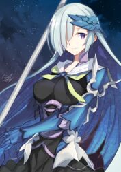  artist_name black_dress breasts brynhildr_(fate) closed_mouth commentary_request dress fate/prototype fate/prototype:_fragments_of_blue_and_silver fate_(series) female gauntlets grey_hair hair_ornament hair_over_one_eye highres large_breasts light_smile long_hair looking_at_viewer night nikame outdoors purple_eyes sailor_collar sidelocks signature solo upper_body 