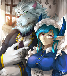  absurd_res animal_humanoid anthro blue_hair butler clothing duo eyewear felid female fur glasses green_eyes hair hi_res horn humanoid kemono lifewonders lion looking_away maid_uniform male mammal melusine_(tas) monocle pantherine red_eyes snow_(tas) tach8 tokyo_afterschool_summoners uniform unimpressed white_body white_fur 