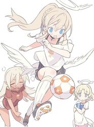  3girls angel angel_wings ball blade_(galaxist) blonde_hair blue_eyes blush braid breasts closed_eyes commentary dark-skinned_female dark_elf dark_skin elf feathered_wings french_braid full_body halo jenna_kirsty liliana_hart long_hair low_wings misty_sheikh multiple_girls open_mouth playing_sports pointy_ears ponytail pop-up_story short_hair simple_background smile soccer soccer_ball sweat white_background wings 