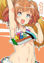  ^^^ aqua_eyes armpits arms_up breasts cheerleader commentary_request female idolmaster idolmaster_(classic) looking_at_viewer medium_breasts midriff navel open_mouth orange_hair pleated_skirt pom_pom_(cheerleading) shirokuma_(nankyoku) skirt solo takatsuki_yayoi twintails underboob 