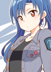  alternate_hairstyle blue_hair commentary_request female idolmaster idolmaster_(classic) kisaragi_chihaya long_hair looking_at_viewer red_eyes shirokuma_(nankyoku) solo twintails unbuttoned unbuttoned_shirt 