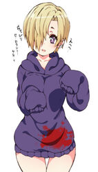  blonde_hair breasts commentary_request earrings female hair_over_one_eye hood hoodie idolmaster idolmaster_cinderella_girls jewelry large_breasts long_sleeves looking_at_viewer open_mouth purple_eyes shirasaka_koume shirokuma_(nankyoku) short_hair sleeves_past_fingers sleeves_past_wrists solo translated 