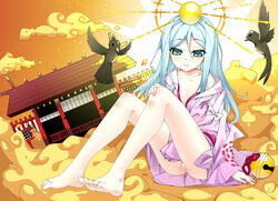  absurdres amaterasu_(p&amp;d) aqua_eyes bad_id bad_pixiv_id bare_legs bare_shoulders barefoot bird blue_hair cloud feet female hair_ornament highres japanese_clothes kimono long_hair off_shoulder ootsuki_momiji puzzle_&amp;_dragons smile soles solo 