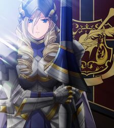  armor blonde_hair blue_eyes celia_kumani_entory highres knight lance long_hair polearm screencap solo spear standing stitched walkure_romanze 