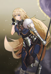  absurdres armor armored_boots asymmetrical_gloves banner black_gloves blacloud blonde_hair blue_eyes blunt_bangs boots commentary_request cosplay cu_chulainn_(fate) cu_chulainn_(fate/prototype) cu_chulainn_(fate/prototype)_(cosplay) fate/apocrypha fate/grand_order fate/prototype fate_(series) female floating_hair fur_trim gauntlets gloves hair_ornament hand_in_own_hair highres holding jeanne_d&#039;arc_(fate) jeanne_d&#039;arc_(ruler)_(fate) jewelry leg_up long_hair looking_at_viewer necklace pants photoshop_(medium) ponytail smile solo standing standing_on_one_leg uneven_gloves very_long_hair 