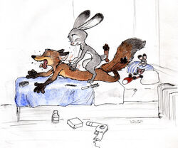  2016 anthro avoid_posting backrub bed breasts brush canid canine closed_eyes disney dryer duo female fox furniture hair_dryer judy_hopps lagomorph leporid long_ears male mammal nick_wilde nude open_mouth pillow pink_nose plushie rabbit red_fox scratching simple_background small_breasts steve_gallacci tongue tongue_out traditional_media_(artwork) true_fox zootopia 