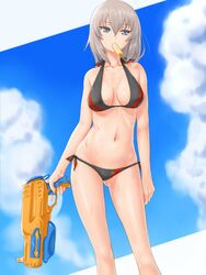  ass_visible_through_thighs bikini black_bikini blue_eyes blue_sky breasts cleavage cloud collarbone commentary_request day female food girls_und_panzer grey_hair highres itsumi_erika medium_breasts navel outdoors popsicle rasukaru sky solo swimsuit water_gun wet 