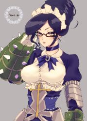  adjusting_glasses armor armored_dress artist_request black_eyes black_hair breasts collar english female frills gauntlets glasses hair_bun maid maid_headdress overlord_(maruyama) puffy_sleeves ribbon solo spikes yuri_alpha 