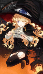  ;d black_skirt black_thighhighs blonde_hair blue_eyes blunt_bangs bow bowtie cape character_name commentary_request cosmic_(crownclowncosmic) dress_shirt female frilled_shirt frills garter_straps graphite_(medium) hat highres holding holding_riding_crop jumping lace lace-trimmed_legwear lace_trim lantern lilith_(yamibou) long_hair mixed_media one_eye_closed open_mouth photoshop_(medium) riding_crop shirt skirt smile solo thighhighs traditional_media very_long_hair wavy_hair white_shirt witch_hat yami_to_boushi_to_hon_no_tabibito zettai_ryouiki 