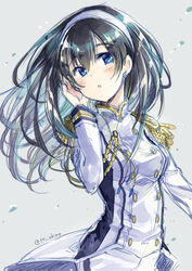  black_hair blue_eyes blush commentary_request epaulettes female hairband idolmaster idolmaster_cinderella_girls idolmaster_cinderella_girls_starlight_stage long_hair looking_at_viewer military military_uniform miyabi_akino naval_uniform sagisawa_fumika seizon_honnou_valkyria_(idolmaster) solo twitter_username uniform 