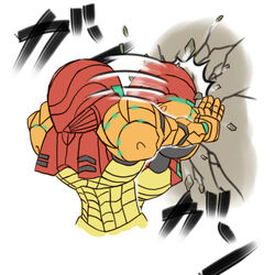  armor assault_visor bad_id bad_pixiv_id commentary corruptroid crack cracked_wall destruction female green_visor headbutt metroid power_armor samus_aran varia_suit wall 