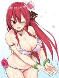  bikini bracelet breasts cattleya_(flower_knight_girl) cleavage commentary_request cowboy_shot female flower flower_knight_girl hair_flower hair_ornament jewelry large_breasts long_hair morino_harifu one_eye_closed open_mouth red_eyes red_hair solo splashing swimsuit white_bikini 