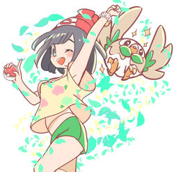  arm_up armpits beak beanie bird black_eyes black_hair blush bracelet chorimokki female from_side green_eyes green_shorts hand_up happy hat jpeg_artifacts looking_at_viewer looking_to_the_side mizuki_(pokemon_sm) one_eye_closed open_mouth pokeball pokemon pokemon_(creature) pokemon_sm red_hat rowlet shirt short_hair short_sleeves shorts simple_background smile standing teeth undershirt white_background wings wink yellow_shirt 