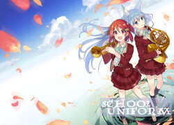  2girls :d animal_ears blue_eyes blue_hair bow cloud commentary_request fox_ears french_horn hair_ornament hairclip instrument kneehighs long_hair looking_at_viewer multiple_girls okutomi_fumi open_mouth original petals pleated_skirt red_eyes red_hair ripples school_uniform short_hair skirt smile socks trumpet very_long_hair water 