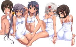  5girls :o accessory_tan akebono_(kancolle) all_fours alternate_costume alternate_hairstyle arm_support artistic_error ass bare_shoulders barefoot bell black_hair blue_eyes braid breasts brown_eyes cleavage commentary_request dress feet flower from_behind fubuki_(kancolle) full_body green_eyes grey_hair hair_bell hair_between_eyes hair_flower hair_ornament hamakaze_(kancolle) hand_on_another&#039;s_leg jingle_bell kantai_collection large_breasts long_hair looking_at_viewer mouth_hold multiple_girls nijimoto_hirok pantylines purple_eyes purple_hair shigure_(kancolle) short_dress short_hair shorts_tan simple_background single_braid sitting small_breasts soles strap_slip sundress tan tanlines thighs toes unworn_hair_ornament ushio_(kancolle) wariza white_dress wrong_foot yokozuwari 