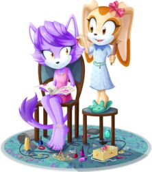  accessory anthro barefoot blaze_the_cat bow_(disambiguation) bow_ribbon cream_the_rabbit domestic_cat duo feet felid feline felis female fur hair hair_accessory hair_ribbon hairbow lagomorph leporid mammal purple_body purple_fur purple_hair rabbit ribbons sega sonic_the_hedgehog_(series) topazice 