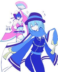  1boy ;d aqua_eyes blue_eyes blue_hair blue_scarf bow commentary_request cosplay costume_switch crossdressing female grin hairbow hand_fan hat hatsune_miku hatsune_miku_(cosplay) japanese_clothes kaito_(vocaloid) kaito_(vocaloid)_(cosplay) kimono looking_at_viewer manbou_no_ane obi one_eye_closed ooedo_julia_night_(vocaloid) open_mouth purple_ribbon ribbon sash scarf short_kimono sleeves_past_wrists smile sparkle thighhighs twintails vocaloid 