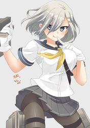  :d absurdres black_pantyhose blue_eyes blush breasts cannon commentary_request female gloves grey_hair hair_ornament hair_over_one_eye hairclip hamakaze_(kancolle) highres kantai_collection large_breasts miniru open_mouth pantyhose pleated_skirt school_uniform serafuku short_hair short_sleeves skirt smile solo torpedo turret white_gloves white_hair 