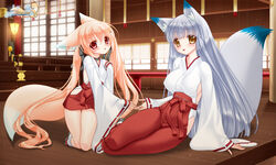  2girls animal_ears blonde_hair blush breasts covered_nipples fox_ears fox_girl fox_tail fusuma grey_hair hair_ribbon hakama hakama_short_skirt hakama_skirt highres hip_vent holding_hands indoors japanese_clothes kimono kneeling lantern large_breasts long_hair long_sleeves looking_at_viewer miko multiple_girls nakajima_konta red_eyes red_hakama ribbon ribbon-trimmed_clothes ribbon-trimmed_sleeves ribbon_trim rikka_(snow_fox) sandals setuka_(snow_fox) shouji shrine sideboob sitting skirt sliding_doors small_breasts snow_fox stairs tabi tail twintails variant_set very_long_hair web_address wide_sleeves wooden_floor yellow_eyes yokozuwari zouri 