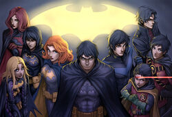  4girls 5boys barbara_gordon bat_(symbol) batgirl batman batman_(series) batwoman belt black_bat black_hair blonde_hair brothers bruce_wayne cape cassandra_cain damian_wayne dc_comics dick_grayson family father gauntlets gloves jason_todd kate_kane kuroi-tsuki kurou_tsuki multiple_boys multiple_girls nightwing orange_hair red_hair red_hood red_hood_(dc) red_robin robin_(dc) siblings stephanie_brown tim_drake 