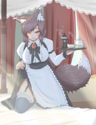  alternate_costume animal_ears apron bed black_thighhighs blush breasts brown_hair coffee_pot commentary_request cube85 cup curtains female garter_straps highres imaizumi_kagerou large_breasts light_rays long_hair looking_at_viewer maid red_eyes smile solo sunbeam sunlight teacup teapot textless_version thighhighs touhou tray underbust wolf_ears 