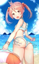  aozora_nan ass back beach bikini blue_sky cloud commentary_request day female hair_bobbles hair_ornament highres kantai_collection lifebuoy looking_back mountain outdoors pink_eyes pink_hair rabbit sand sazanami_(kancolle) sazanami_(swimsuit_mode)_(kancolle) short_hair sky solo sunglasses swim_ring swimsuit twintails 