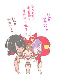  3girls alternate_costume bare_shoulders bikini black_bikini black_hair blush bow breasts brown_hair chibi chorimokki cleavage closed_eyes embarrassed fake_horns full_body hair_ornament hands_together hands_up haruka_(pokemon) haruka_(pokemon)_(remake) heart heart-shaped_pupils higana_(pokemon) hoodie jpeg_artifacts kagari_(pokemon) kagari_(pokemon)_(remake) looking_down matching_hair/eyes medium_breasts multiple_girls open_clothes open_mouth pokemon pokemon_oras purple_eyes purple_hair red_bikini red_bow red_hoodie short_hair simple_background smile spoken_heart standing sweat swimsuit symbol-shaped_pupils text tied_hair translation_request underboob white_background 