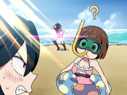  1boy 2girls ? annoyed beach blush brown_hair clenched_teeth commentary_request day diving_mask glowing goggles innertube kill_la_kill mankanshoku_mako matoi_ryuuko mikisugi_aikurou multiple_girls one-piece_swimsuit outdoors shinonoko_(tubamecider) short_hair snorkel snorkel_in_mouth swim_ring swimsuit teeth water 