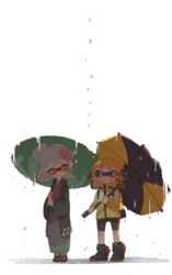  +_+ 2girls agent_4_(splatoon) bad_id bad_pixiv_id blush earrings full_body green_eyes green_umbrella grey_hair hair_ornament hero_brella_(splatoon) highres inkling inkling_girl inkling_player_character jacket japanese_clothes jewelry kashu_(hizake) kimono long_sleeves looking_at_another marie_(splatoon) mole mole_under_eye multiple_girls orange_hair pointy_ears rain shoes simple_background slippers smile splatoon_(series) splatoon_2 standing tentacle_hair tied_hair umbrella water_drop white_background wide_sleeves yellow_eyes 