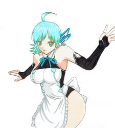  ahoge apron aqua_hair bare_shoulders breasts bridal_gauntlets commentary_request cowboy_shot dream_c_club dream_c_club_(series) dream_c_club_zero elbow_gloves female for-somebody gloves gradient_hair green_eyes green_hair highleg highleg_leotard highres impossible_clothes large_breasts leotard looking_at_viewer multicolored_hair nonono_(dream_c_club) pale_skin robot_ears short_hair smile solo traditional_media white_background 