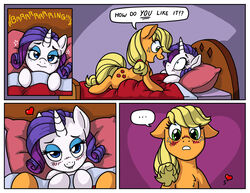  applejack_(mlp) bed blonde_hair blush border duo earth_pony ellipsis equid equine female feral freckles friendship_is_magic furniture hair hasbro heart_symbol hi_res horn horse latecustomer lying mammal my_little_pony mythological_creature mythological_equine mythology pony purple_hair rarity_(mlp) unicorn white_border 