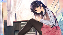  black_pantyhose cup female habane_kotori heater highres holding indoors kono_oozora_ni_tsubasa_wo_hirogete leaning_forward long_hair looking_at_viewer official_art official_wallpaper pantyhose pleated_skirt purple_eyes sitting skirt smile solo steam tree window yashima_takahiro 